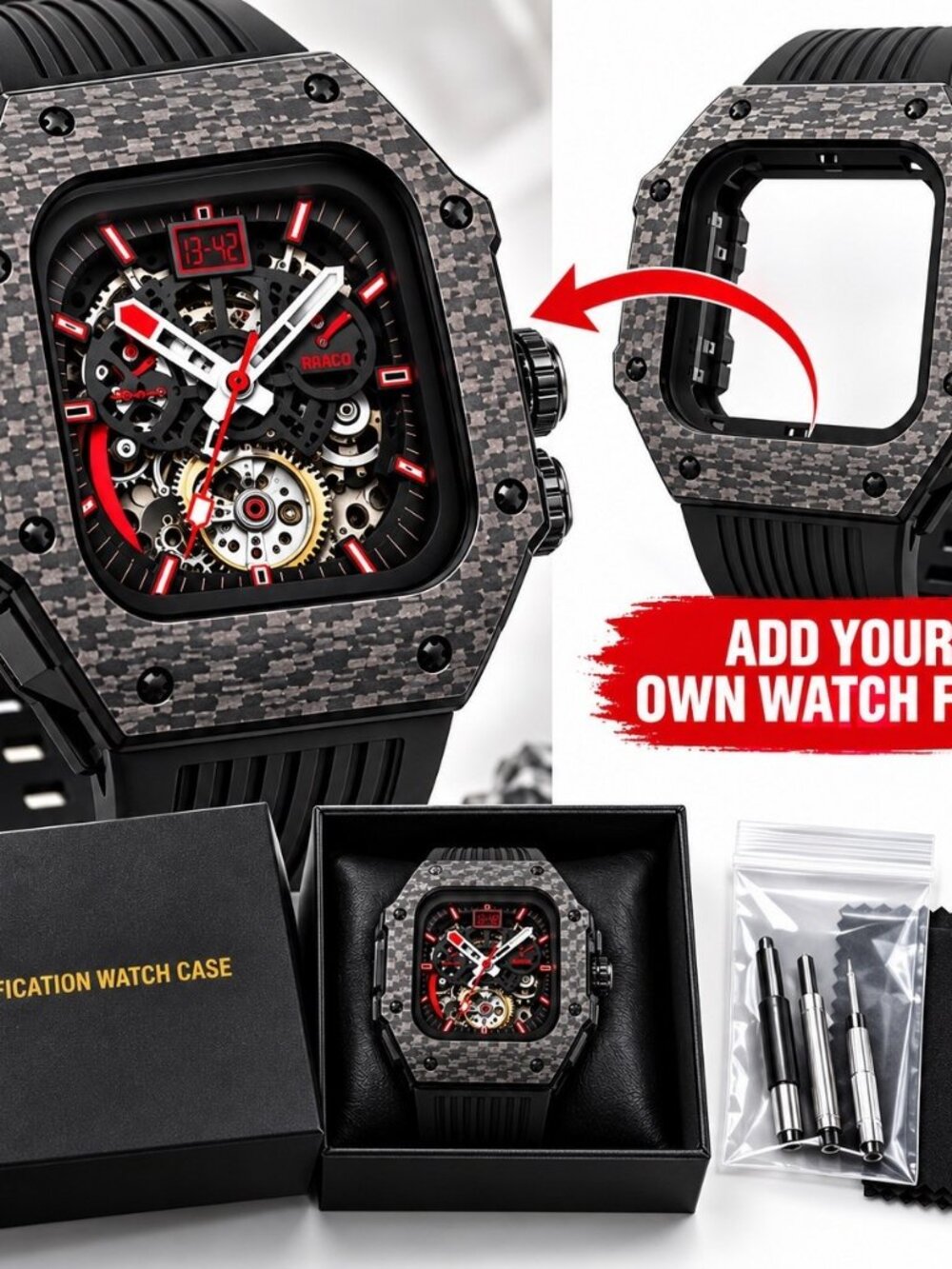 Men’s Skeleton Watch Square Carbon Fiber Style Black Rubber Strap New Box